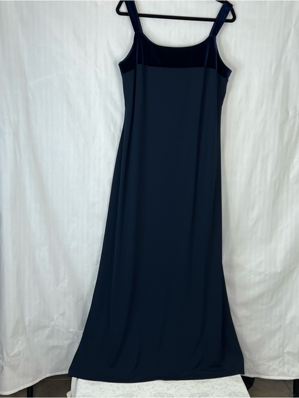 Betsy & Adam Maxi Formal Dress Navy Blue Sleeveless Velvet Bodice & Straps 18👍